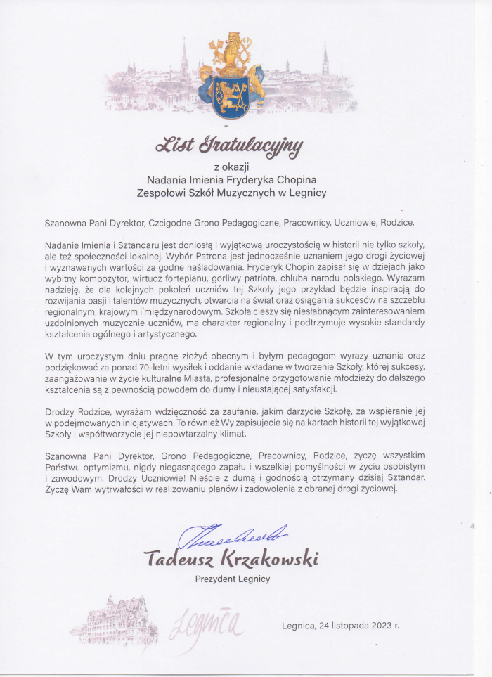 Listy gratulacyjne i życzenia z okazji uroczystości nadania imienia  Fryderyka Chopina Zespołowi Szkół Muzycznych
